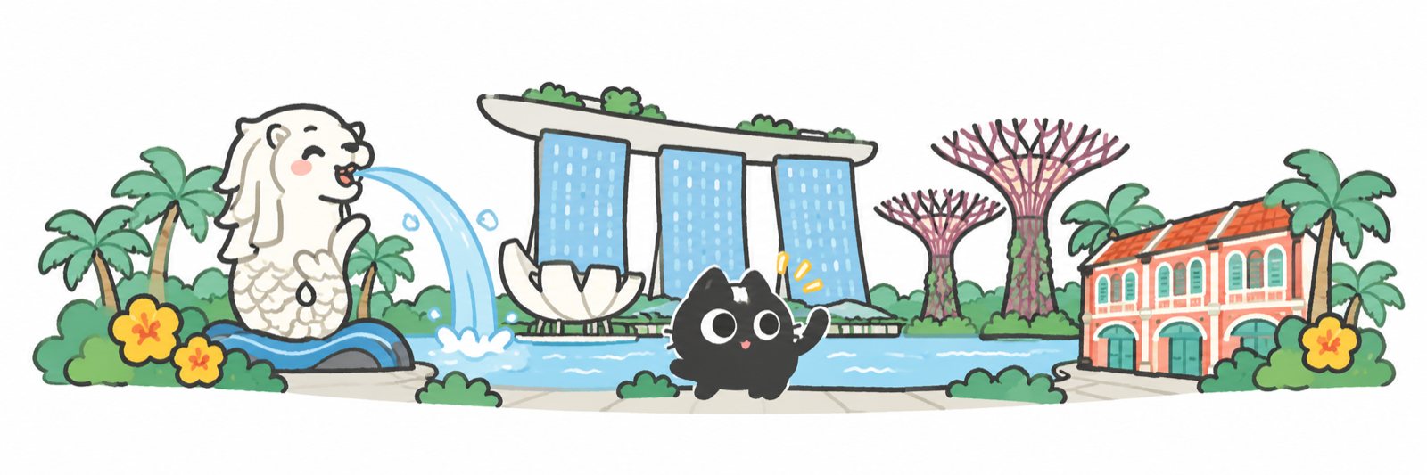 原创萌系新加坡插画：鱼尾狮、滨海湾、小店屋和旅行黑猫